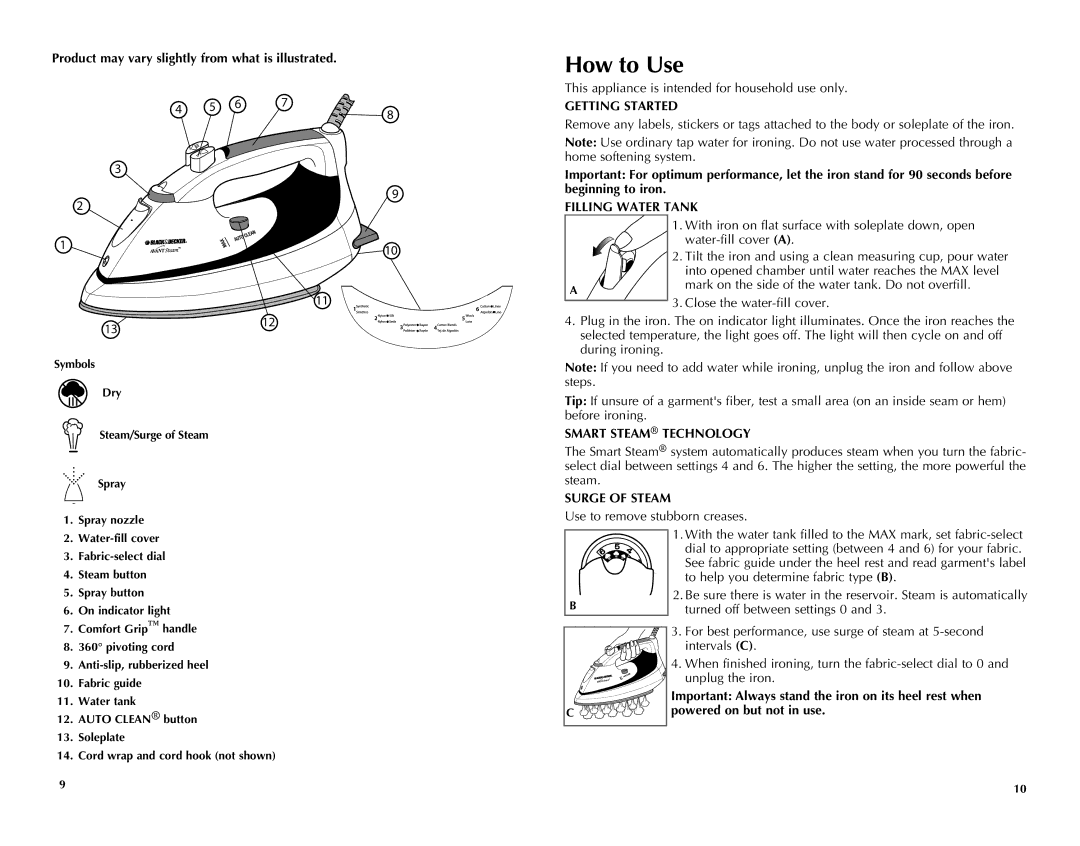 Black & Decker F980, F985 manual How to Use, Getting Started, Filling Water Tank, Smart Steam Technology, Surge of Steam 